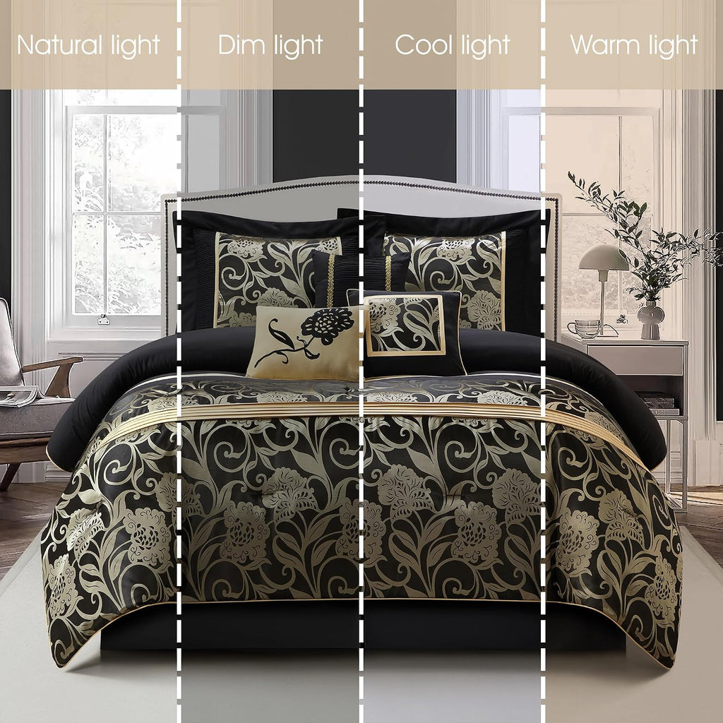Stratford Park Jacquard 7-Piece Comforter Bedding Set, Black, Bed Size King, Floral Bedding Set, Matching Bedskirt, Pillows & Shams