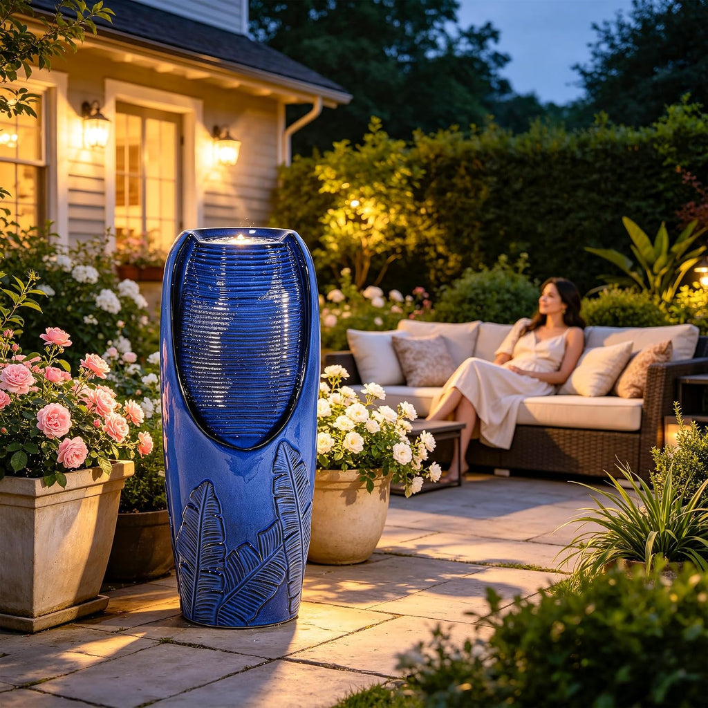 33' H Outdoor Garden Fountain with LED Lights, Modern Ceramic Jar Water Fountain, 3D Tropical Leaf Pattern, Cobalt Blue Glaze, Soothing Cascading Waterfall for Relaxing Patio, Yard, Porch