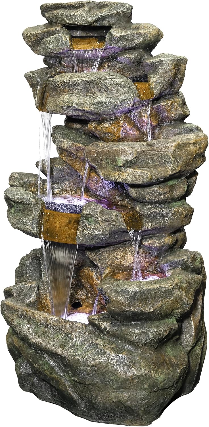 Alpine Corporation 51' Tall 6-Tier Outdoor Rainforest Waterfall Floor Fountain, Weather-Resistant Design with Color-Changing LED Lights & Remote Control, Gray