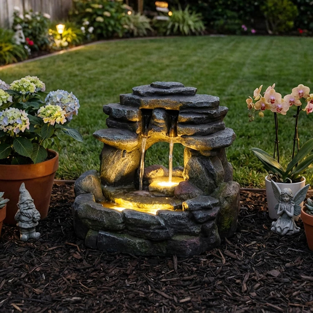 Bumilgar 15.6' H Small Garden Outdoor Rock Water Fountain with LED Lights, 3-Tier Cascading Waterfall Fountain for Patio, Porch, Backyard & Indoor Home Decor