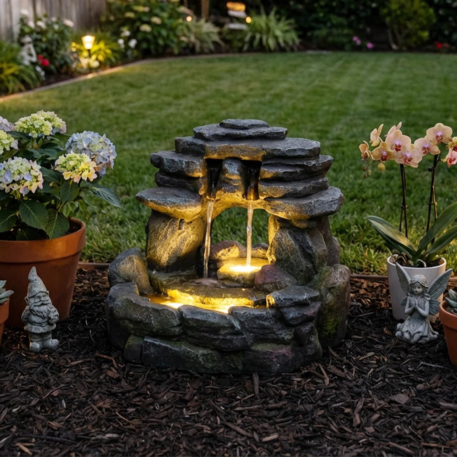 Bumilgar 15.6' H Small Garden Outdoor Rock Water Fountain with LED Lights, 3-Tier Cascading Waterfall Fountain for Patio, Porch, Backyard & Indoor Home Decor