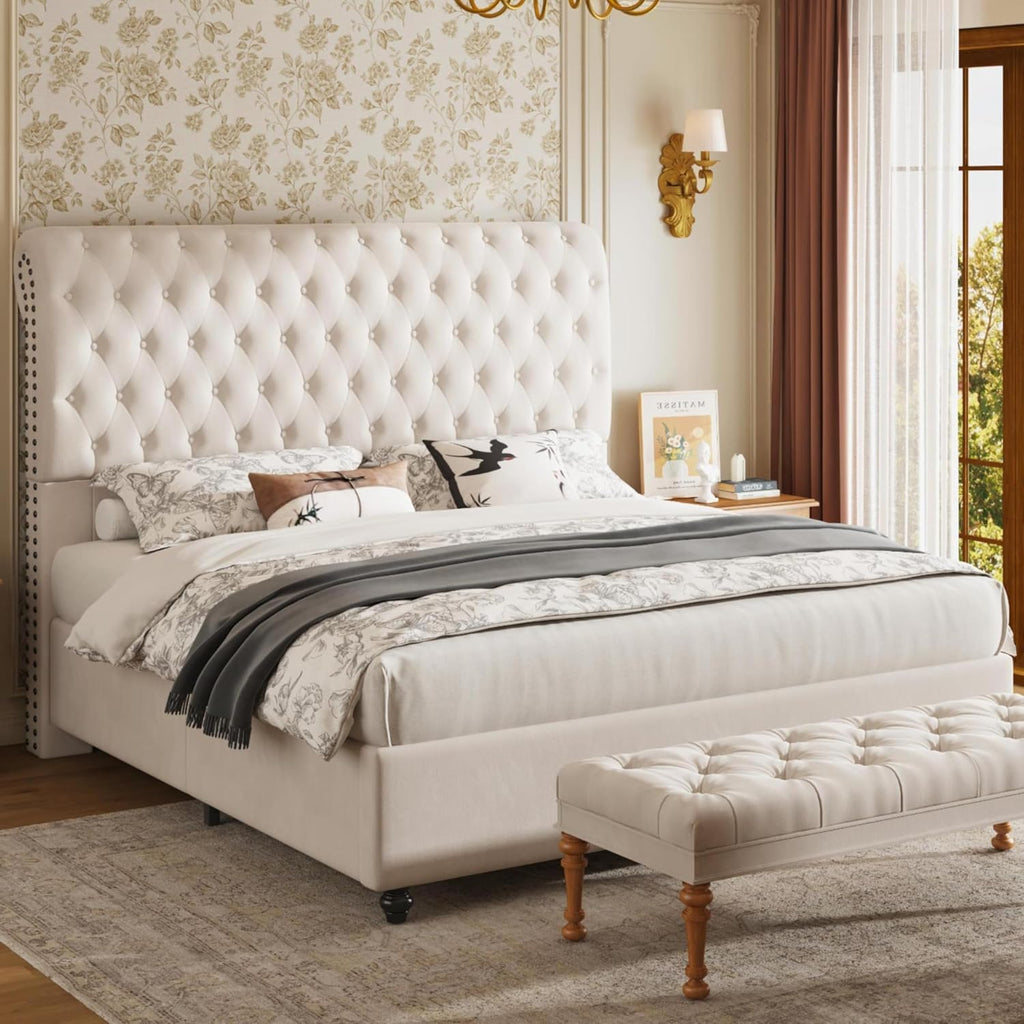 Jocisland King Bed Frame with Headboard, Velvet Sleigh Bed with Button Tufted 52.8' Tall Upholstered Headboard, No Box Spring Needed, Easy Assembly, Cream