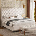 Jocisland Queen Bed Frame with Headboard, Velvet Sleigh Bed with Button Tufted 52.8' Tall Upholstered Headboard, No Box Spring Needed, Easy Assembly, Cream
