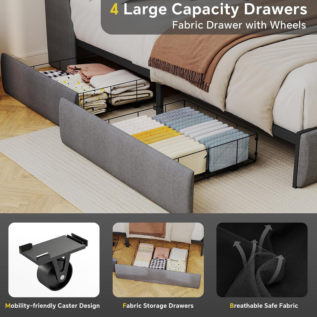SADENICEL King Size Bed Frame with Storage Headboard, Metal Platform Bed Frame King with 4 Drawer, LED Light, Charging Station, No Box Spring Needed, Noise Free, Easy Assembly, Grey