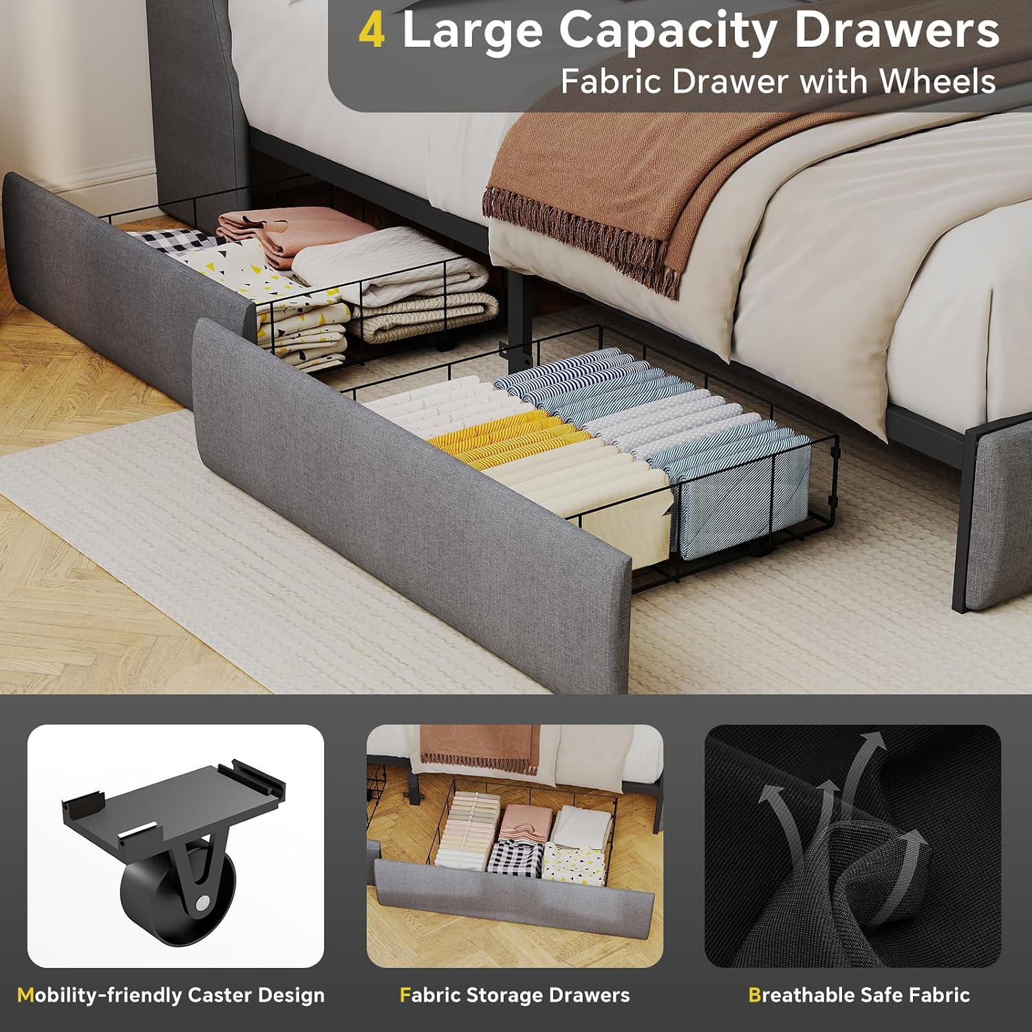 SADENICEL King Size Bed Frame with Storage Headboard, Metal Platform Bed Frame King with 4 Drawer, LED Light, Charging Station, No Box Spring Needed, Noise Free, Easy Assembly, Grey
