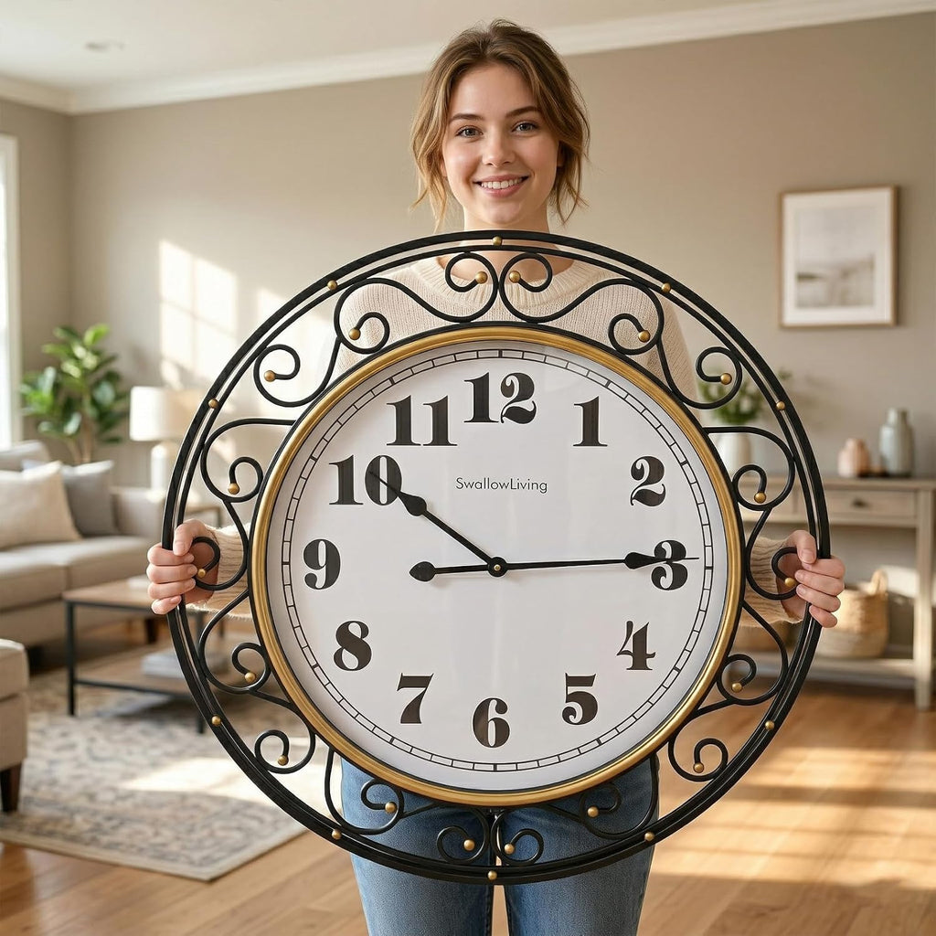 SwallowLiving 30 Inch Vintage Iron Large Black Metal Frame Wall Clock Silent, Battery Operated, Elegant Retro Decor for Living Room, Kitchen, Office, Dining Room, and Bedroom