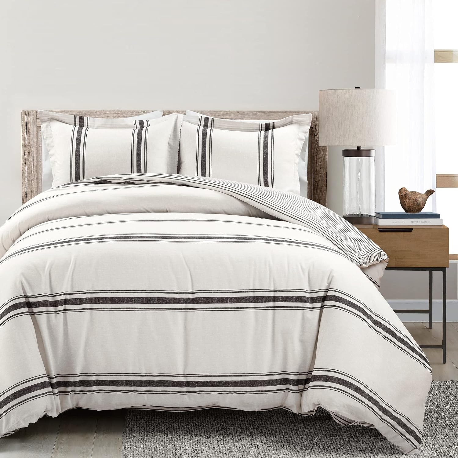 Lush Decor Farmhouse Stripe Reversible Cotton Duvet Cover King Size 3 Piece Set Black - Farmhouse Bedding Set King - Striped Duvet Cover