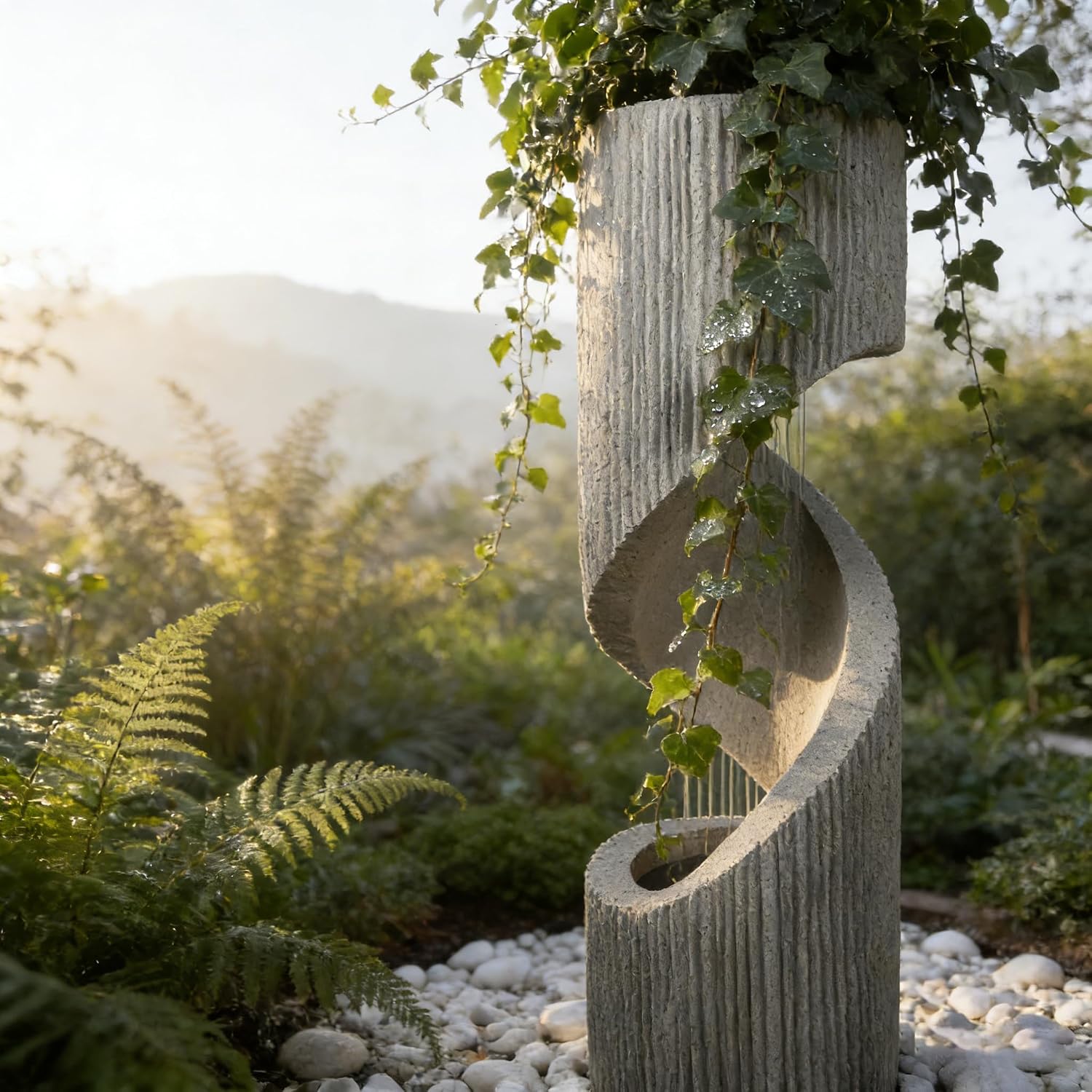 Large Spiral Waterfall Fountain with LED and Planter - Indoor/Outdoor Resin Garden Water Feature, Decorative Waterfalls & Fountains for Patio, Yard 11.8'x11.8'x39.4'(Gray) (Beige)