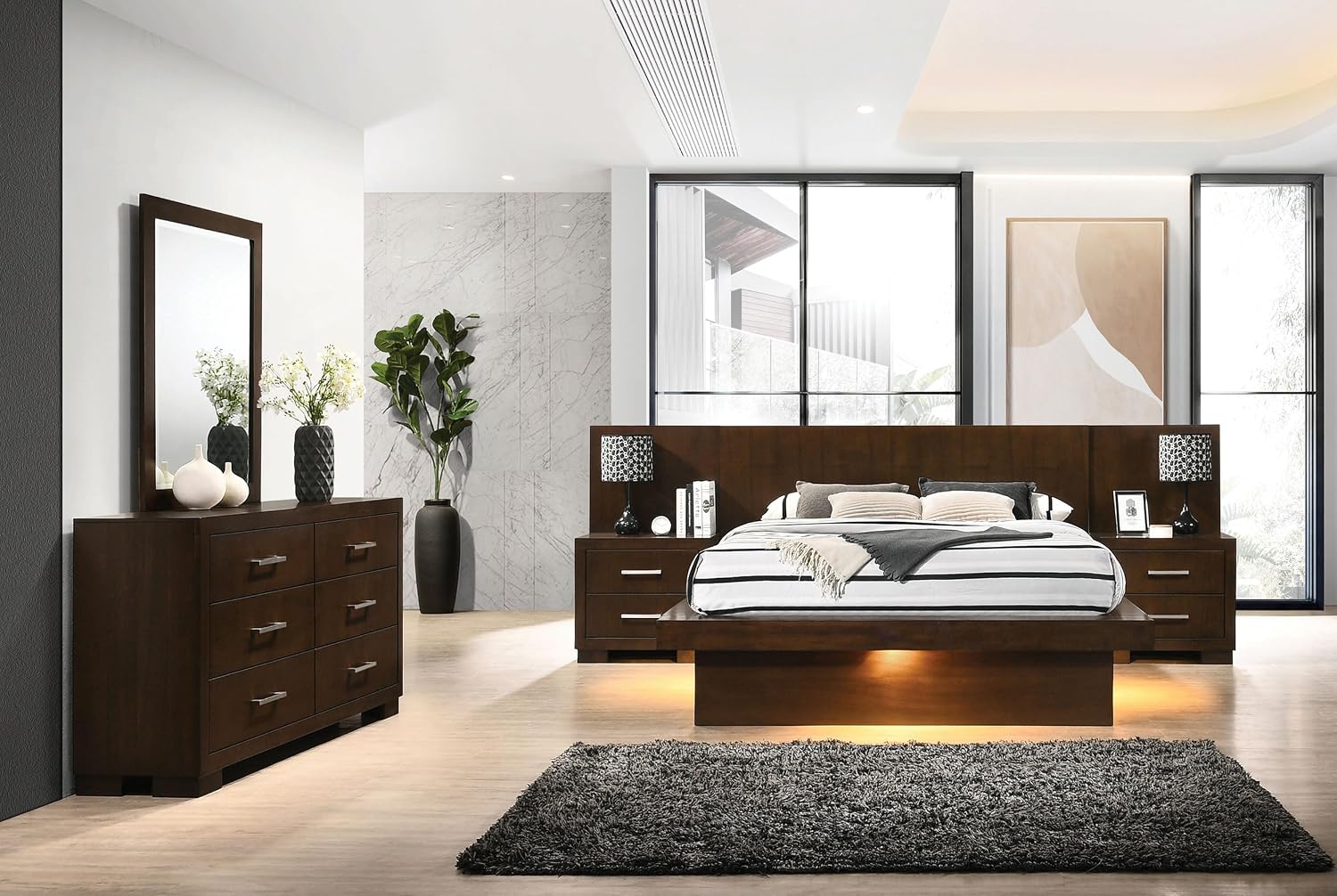 Coaster Home Furnishings Jessica Contemporary 5-Piece Bedroom Set Queen Size LED Panel Bed Frame 43-inch Headboard Cappuccino 200711Q-S5P