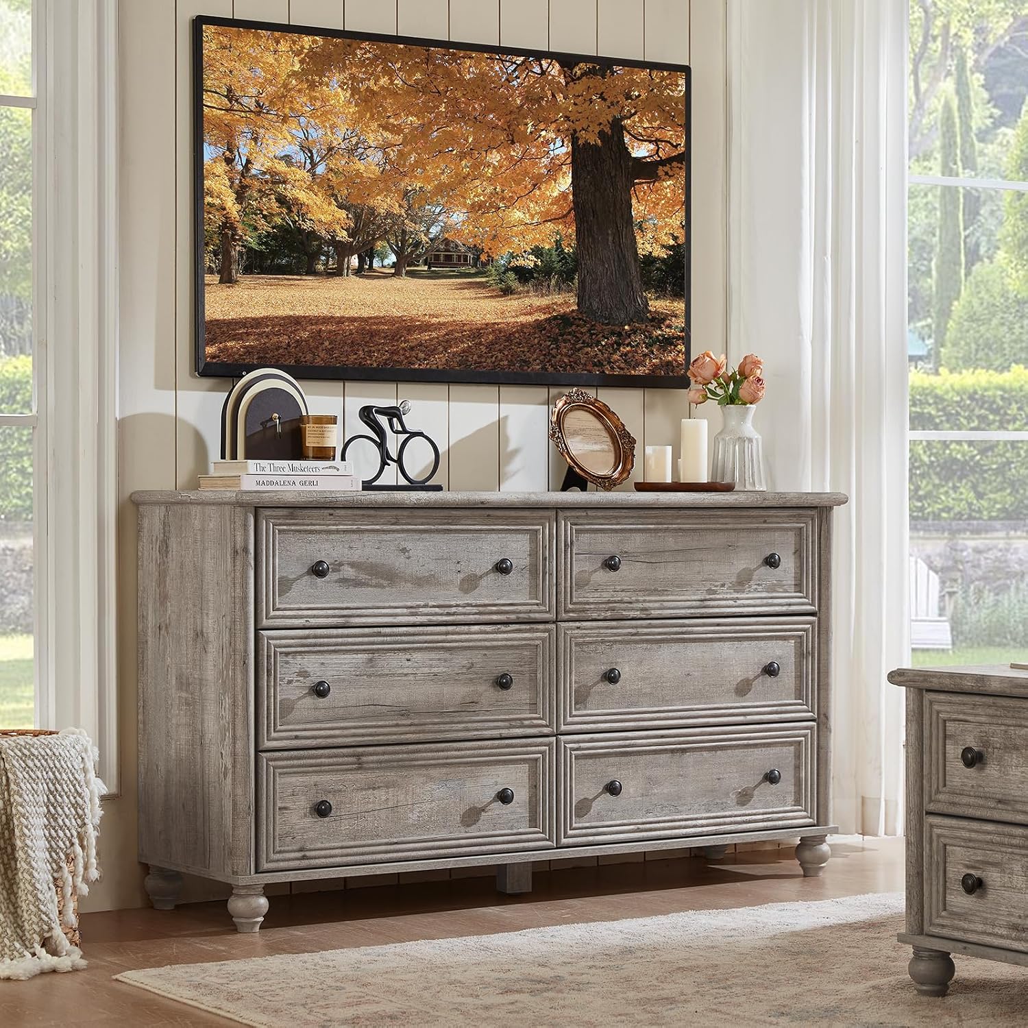 Farmhouse Dressers & Night Stand Set of 3, Wood 54' Wide 6 Drawer Dresser & 35.5'Tall Chest of Drawers, 18' with Charging Station Nightstand, Bedroom Furniture Dresser Set for Home Living Room Hallway