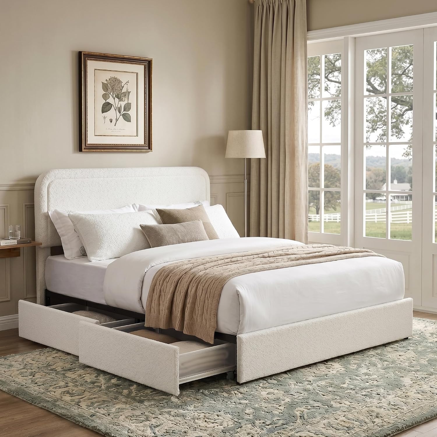 Queen Size Ivory Boucle Upholstered Platform Bed Frame with 4 Storage Drawers, Adjustable Curved Tufted Headboard, Heavy Duty Metal Frame (Boucle, Curved Headboard, Ivory, 4 Drawers)