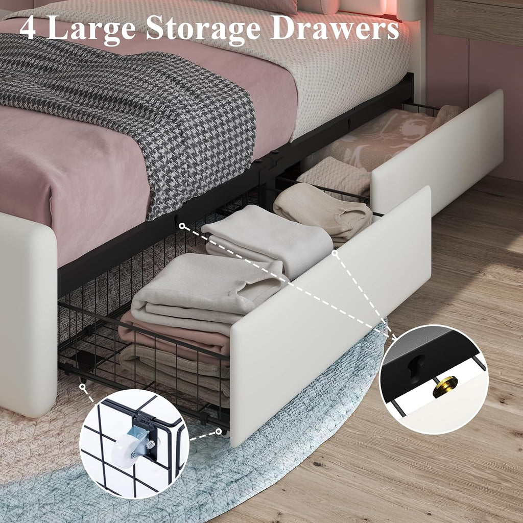 LoVinson Twin Size Bed Frame with 4 Storage Drawers, Charging Station and LED Light, Adjustable Upholstered Headboard, Noise-Free, No Box Spring Needed, Easy Assembly, White