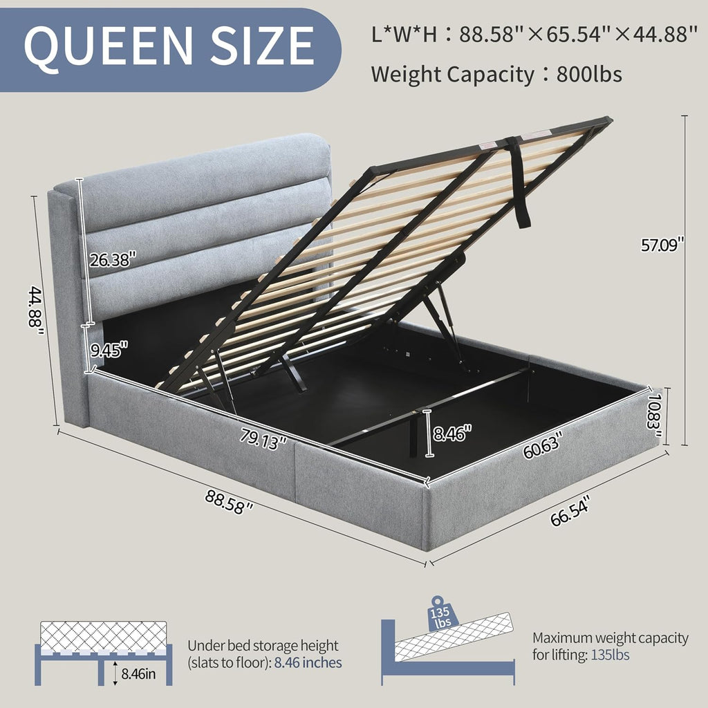 Lift Up Storage Bed Queen Size, Linen Upholstered Platform Bed with Hydraulic System & Wood Slats Support, Queen Bed Frame with 3-Panel Headboard, No Box Spring Needed, Easy Assembly, Baby Blue