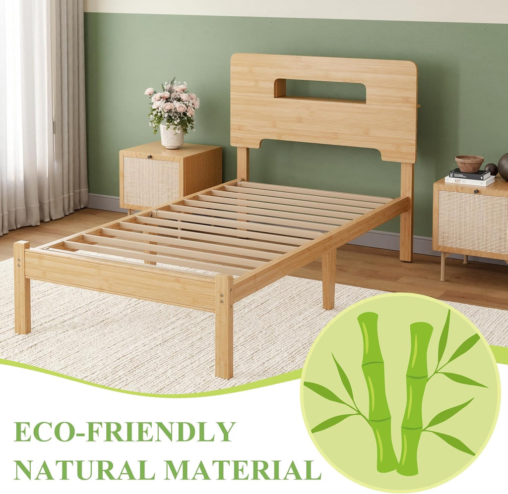 ZIYOO Solid Bamboo Wood Twin XL Bed Frame with Storage Headboard, 14 inch Platform Twin XL Bed Frames No Box Spring Needed with Steel Slats, Sturdy and Stable, Easy Assembly, Noise Free