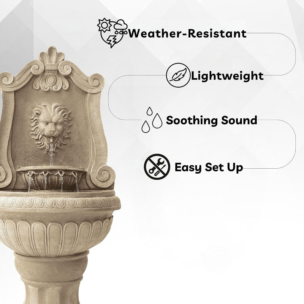 Xbrand 52.4' Sandstone Lion Head Floor Fountain, Two-Tier Outdoor Water Feature, Durable Resin Construction