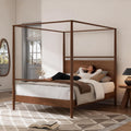 Full Size Canopy Bed Frame with Headboard, Four-Poster Wood Platform Bed, No Box Spring Needed (Full)