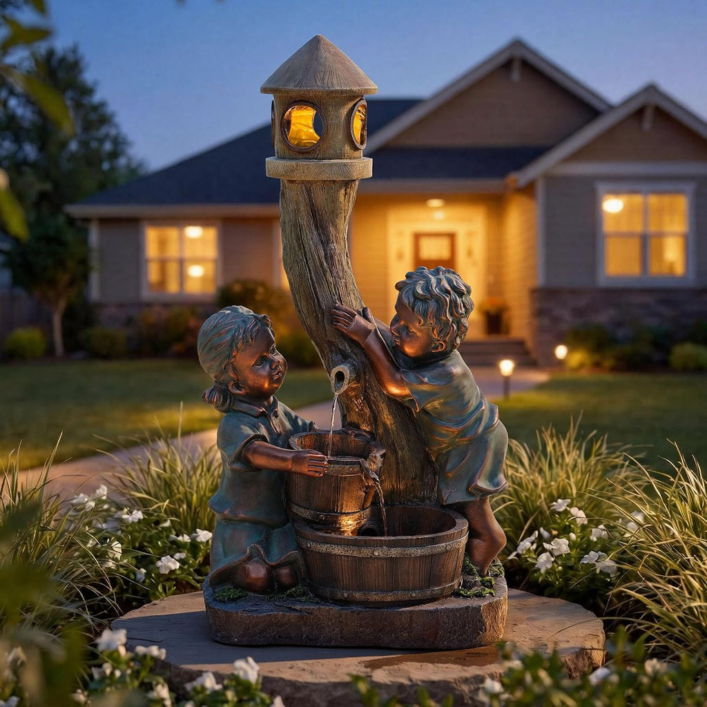 31' H Boy & Girl Outdoor Water Fountain with LED Lights, Faux Bronze Resin Statue Fountain, Wood Barrel & Pagoda Design, 3-Tier Cascading Waterfall for Serene Patio, Yard and Porch