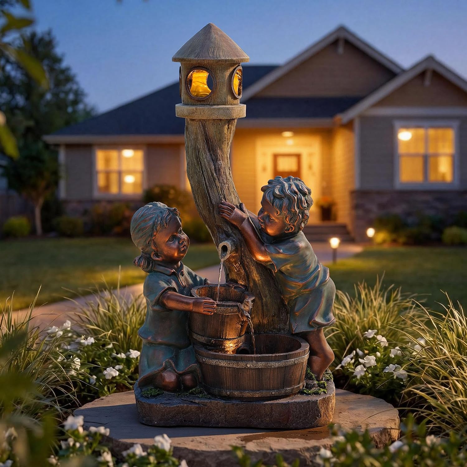 31' H Boy & Girl Outdoor Water Fountain with LED Lights, Faux Bronze Resin Statue Fountain, Wood Barrel & Pagoda Design, 3-Tier Cascading Waterfall for Serene Patio, Yard and Porch