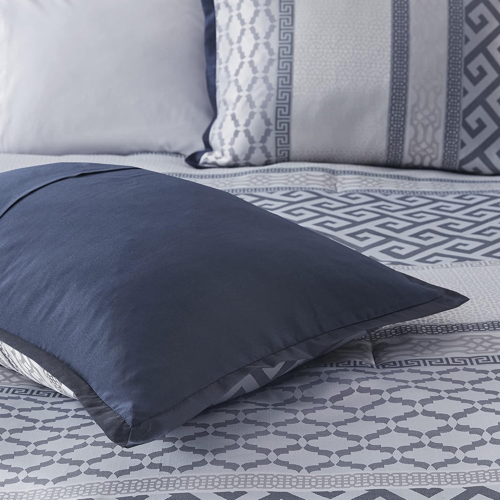 Madison Park Luxury Comforter Set-Traditional Jacquard Design All Season Down Alternative Bedding, Matching Bedskirt, Decorative Pillows, Queen (90'x90'), Bennett, Geometric Navy 7 Piece