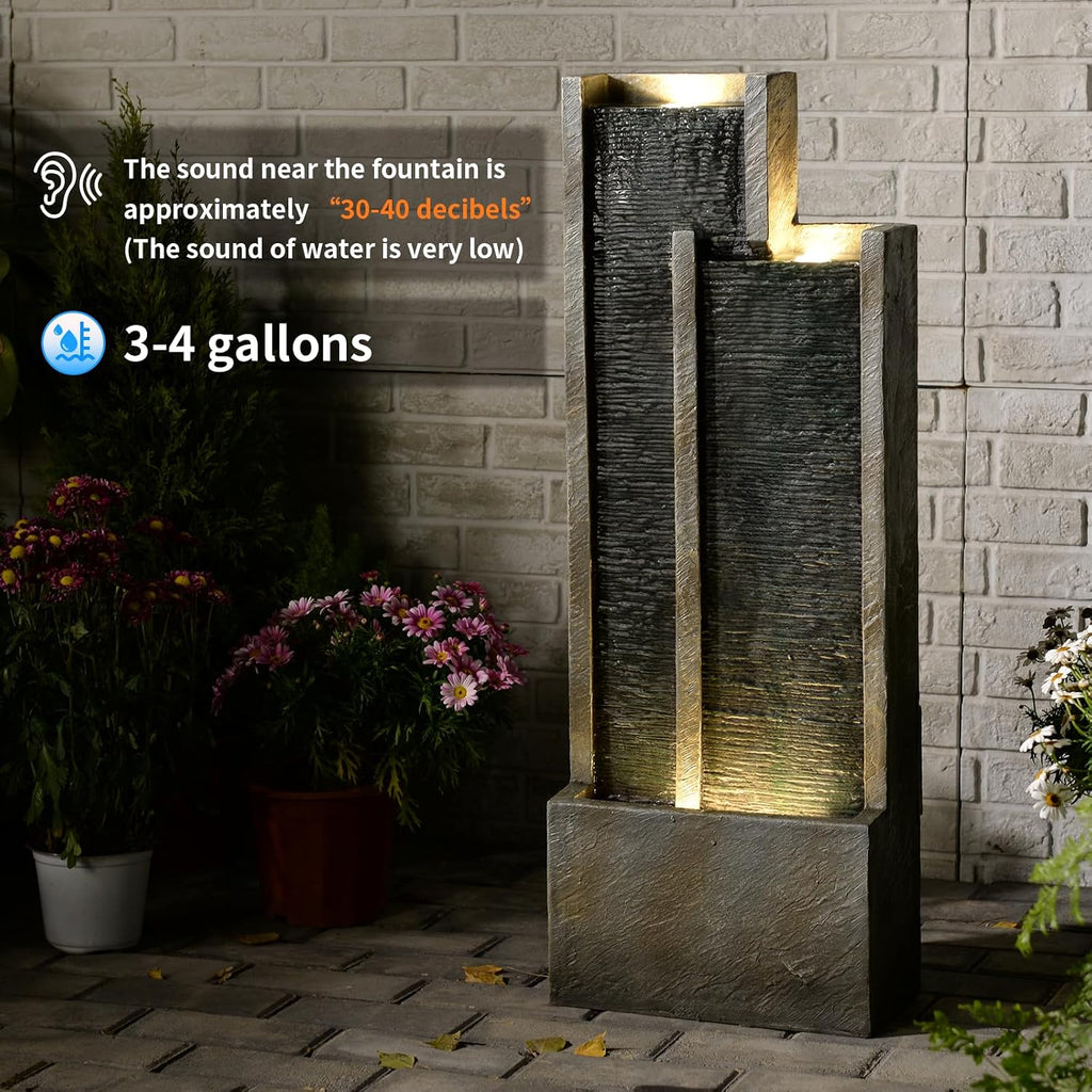 35' Modern Double Column Waterfall Fountain - Outdoor Water Fountain with LED Lights, Freestanding Waterfall Feature for Garden, Patio, Deck, Porch, and Home Decor, Rectangular Resin Design