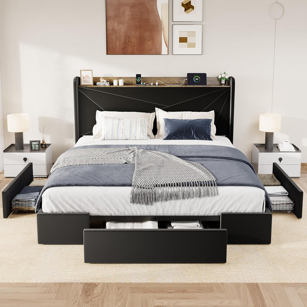 Allewie King Size Velvet Bed Frame with 3 Storage Drawers, Upholstered Platform Bed with Wingback Storage Headboard and USB Ports, No Box Spring Needed, Easy Assembly, Black