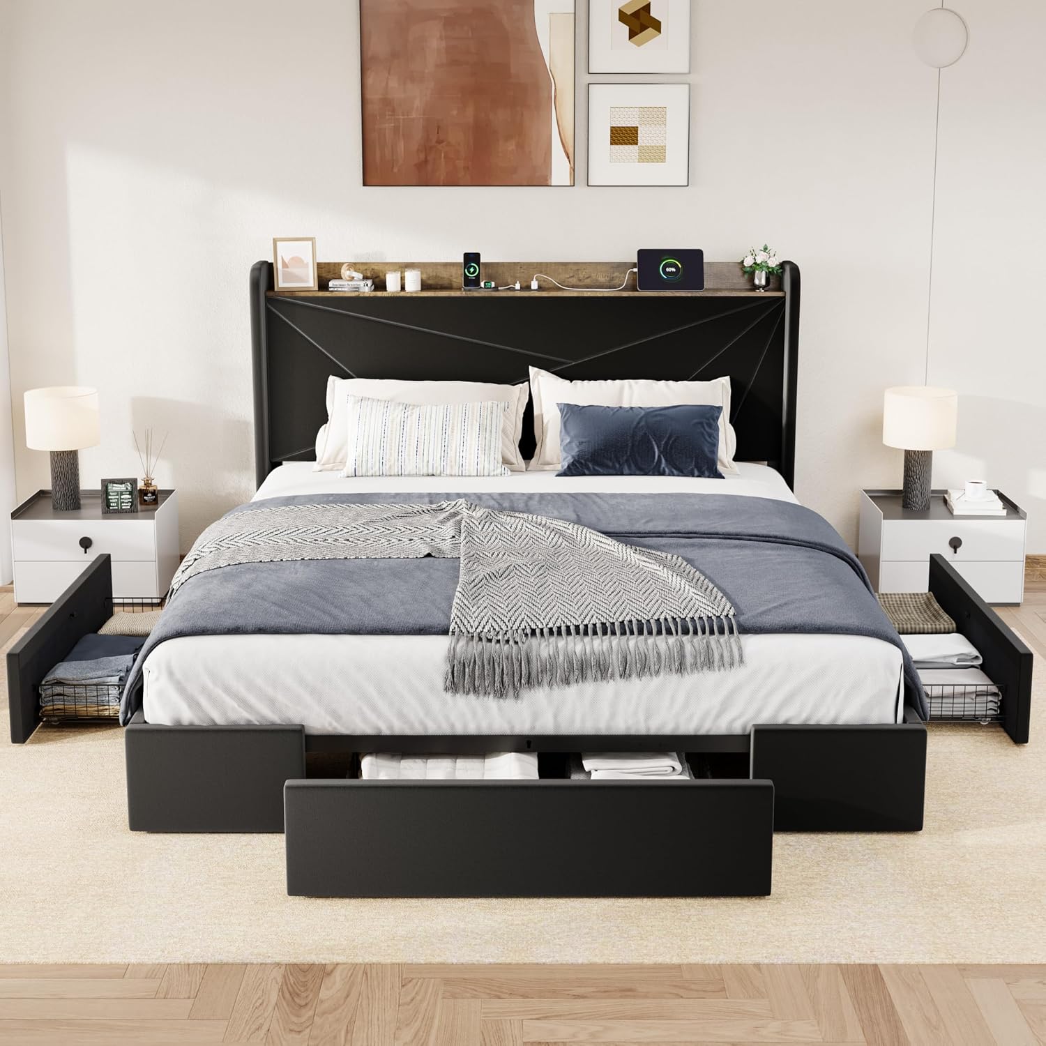 Allewie King Size Velvet Bed Frame with 3 Storage Drawers, Upholstered Platform Bed with Wingback Storage Headboard and USB Ports, No Box Spring Needed, Easy Assembly, Black