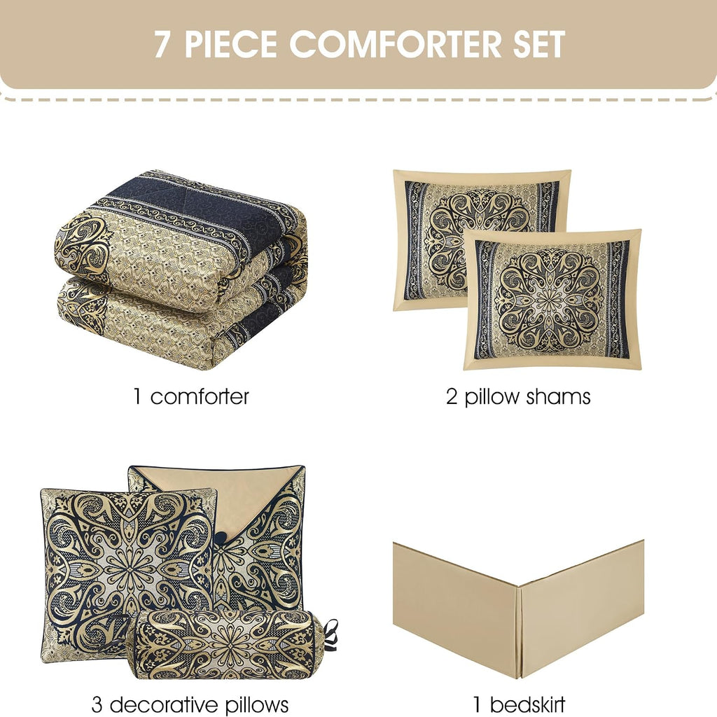 Stratford Park Medallion 7 Piece Navy Comforter Set, Queen Size Jacquard Bedding, All Season Bedding Set, Bed Skirt, Pillows & Shams