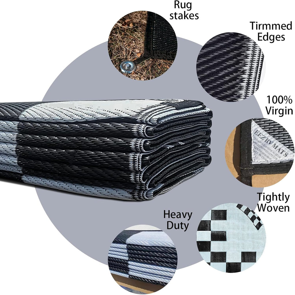 EEZ RV Products 9ft x 18ft Heavy Duty Reversible/Durable Outdoor Patio/RVing Camping Mats Come with Large Storage Bag & 6 Sets of Stakes and Washer, Black & White Checker Flag