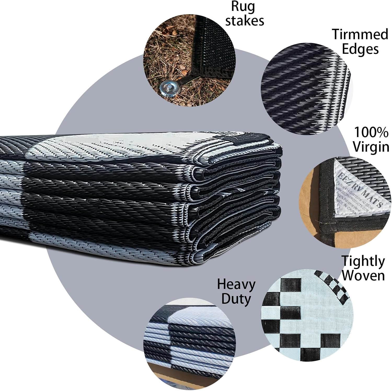EEZ RV Products 9ft x 18ft Heavy Duty Reversible/Durable Outdoor Patio/RVing Camping Mats Come with Large Storage Bag & 6 Sets of Stakes and Washer, Black & White Checker Flag