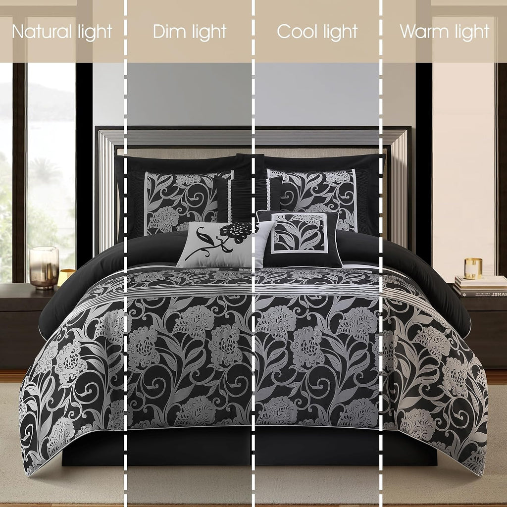 Stratford Park 7 Piece Black Sliver Comforter Set, King Size Jacquard Floral Bedding Set, All Season, Ultra-Soft, Matching Pillows & Shams, Bed Skirt