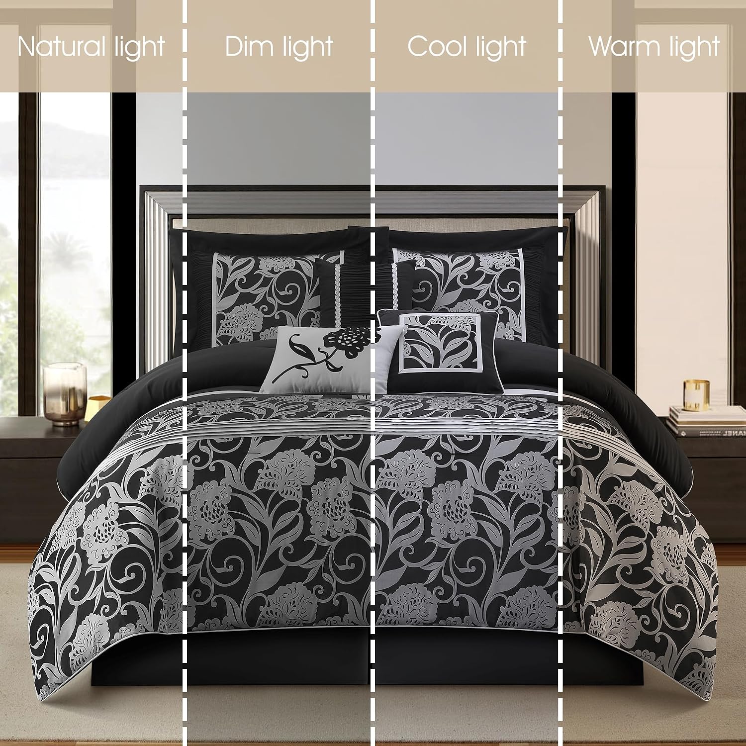 Stratford Park 7 Piece Black Sliver Comforter Set, King Size Jacquard Floral Bedding Set, All Season, Ultra-Soft, Matching Pillows & Shams, Bed Skirt