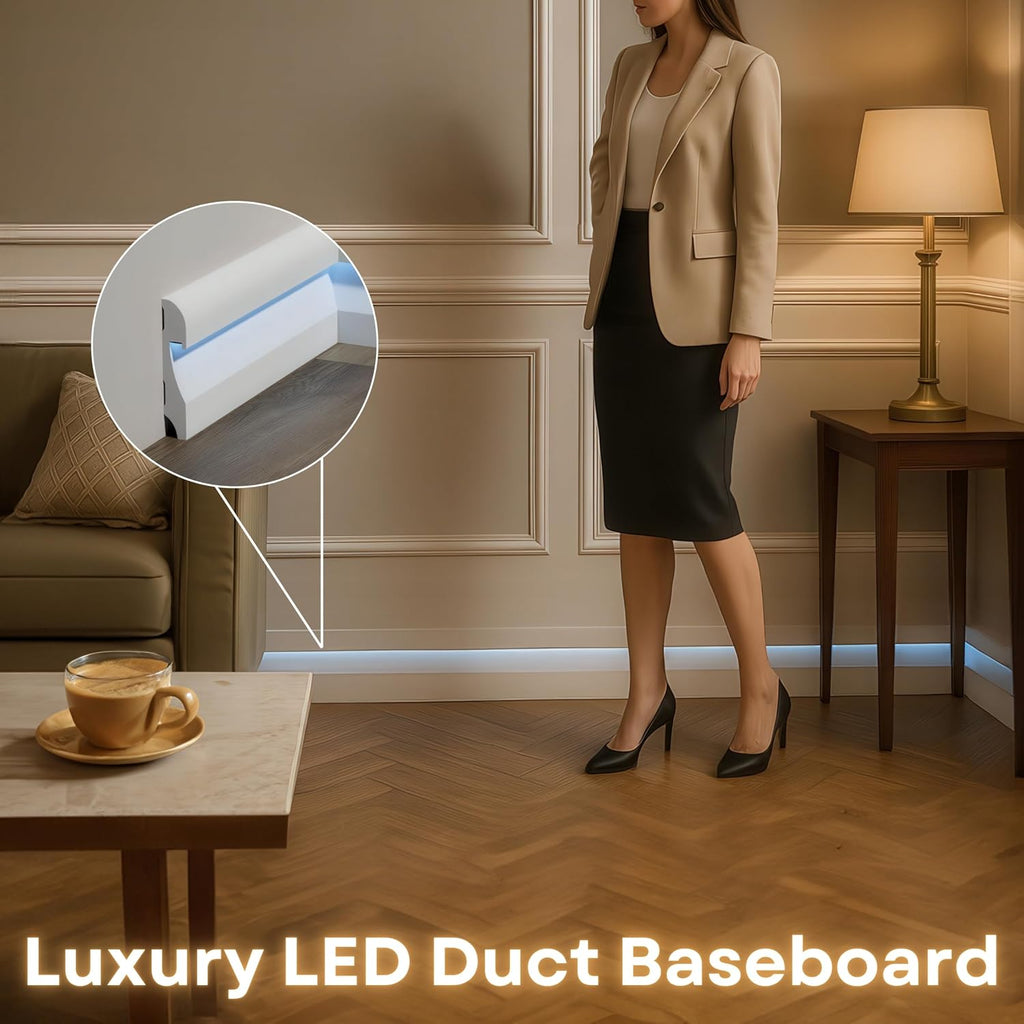 6-Piece 94.5″ (47.25 ft) LED Baseboard & Crown Molding with Duct Kit for Seamless Ambient Home Accent Lighting | Waterproof Channel for Easy LED Strip Installation (Baseboard Molding | ASL-002-A)