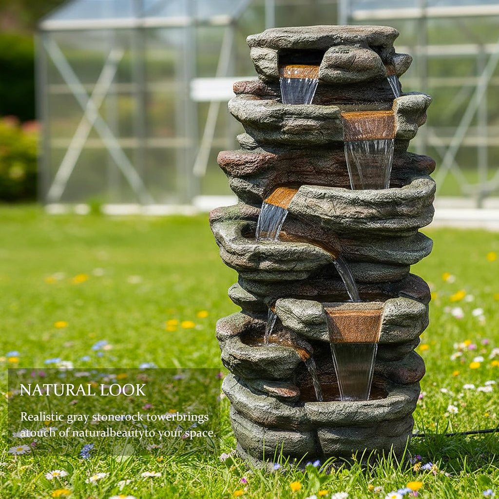 SunJet 48' High 7-Tiers Cascading Rock Outdoor Water Fountain with LED Lights - Large Outdoor Fountains and Waterfalls for Garden or Patio, Yard, and Deck Decor, Featuring Natural Stone Look