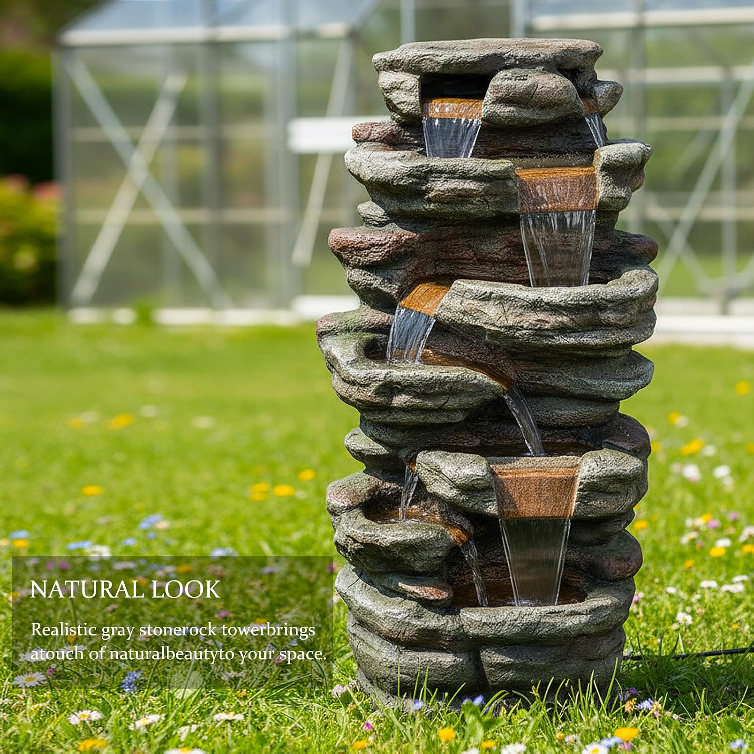 SunJet 48' High 7-Tiers Cascading Rock Outdoor Water Fountain with LED Lights - Large Outdoor Fountains and Waterfalls for Garden or Patio, Yard, and Deck Decor, Featuring Natural Stone Look