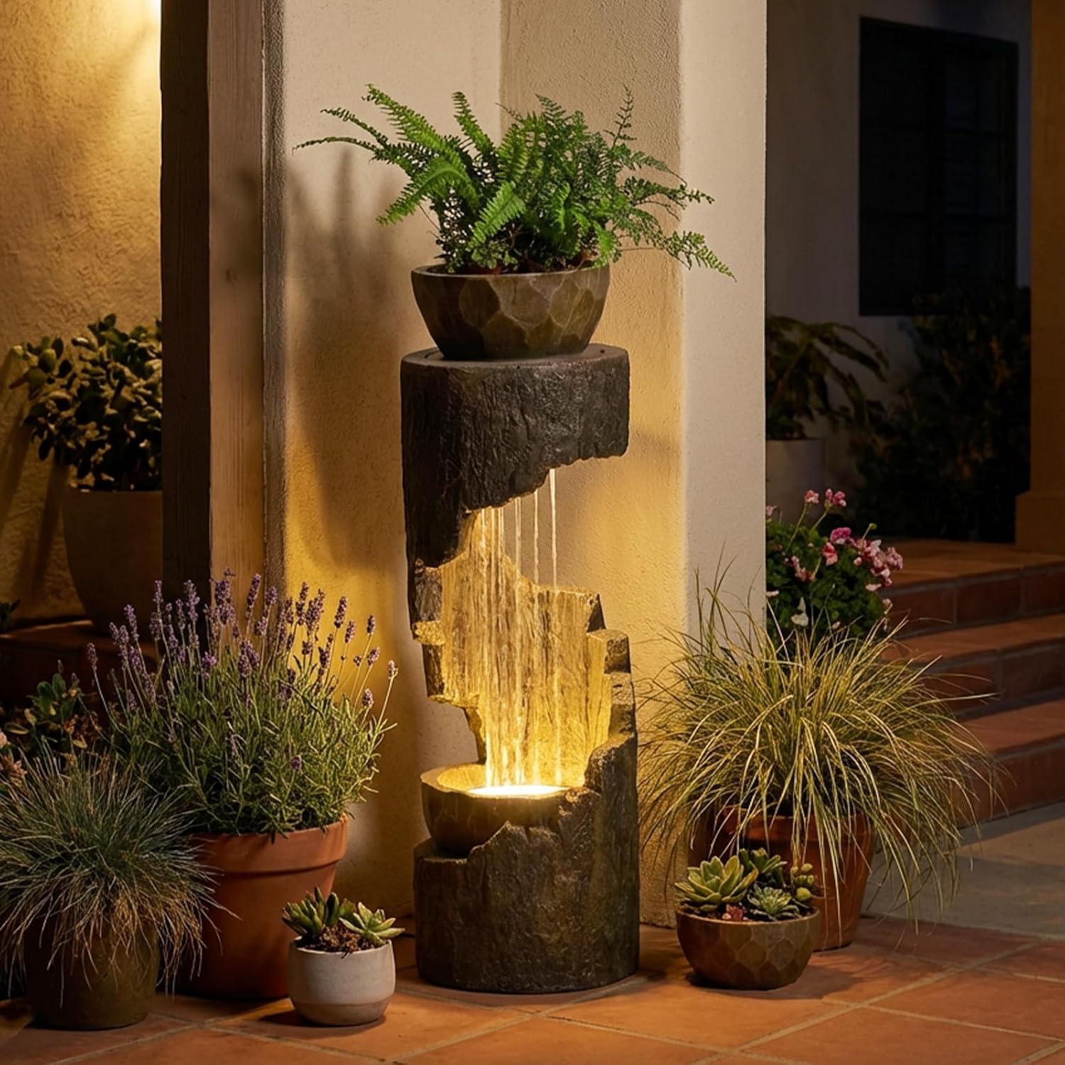 Outdoor Fountain Garden - Patio Waterfall Fountain with Lights, Rustic Wood-Style Cascading Waterfall with Planter Bird Feeder, Resin Water Feature for Deck, Patio, Backyard or Porch, 33.9' H