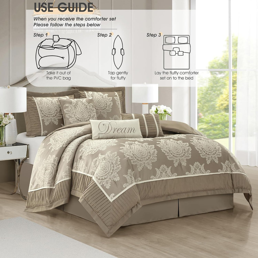 LANCO MODERN LIFESTYLE Beige Queen Comforter Set 7 Pieces, Jacquard Woven with Damask, Bedding Set in a Bag Includes Comforter, Bed Skirt, Pillow Shams, and Decorative Pillows