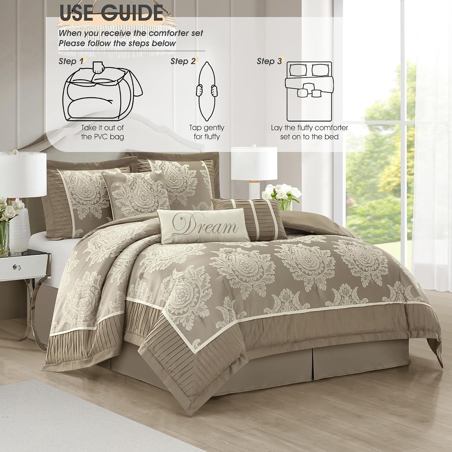 LANCO MODERN LIFESTYLE Beige Queen Comforter Set 7 Pieces, Jacquard Woven with Damask, Bedding Set in a Bag Includes Comforter, Bed Skirt, Pillow Shams, and Decorative Pillows