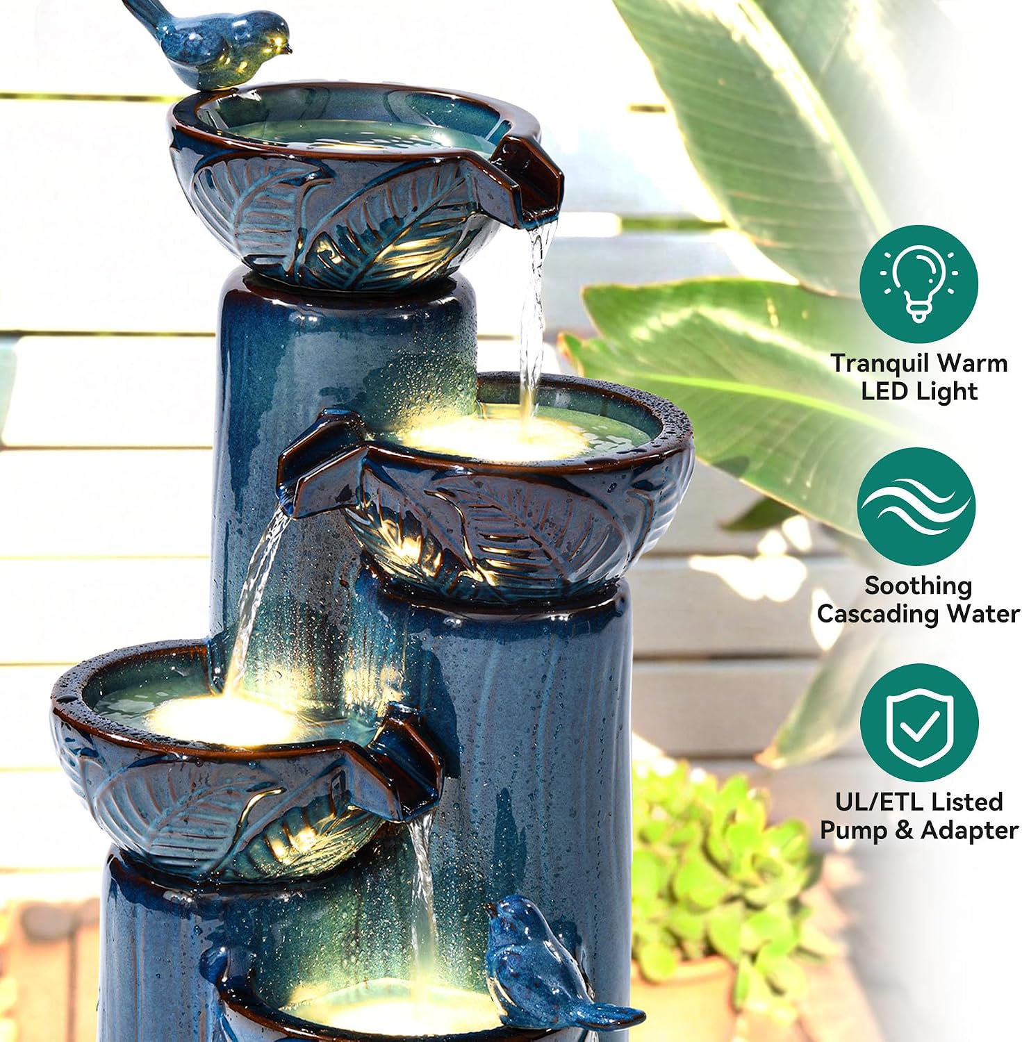 33' H Ceramic Outdoor Water Fountain with LED Lights, 4-Tier Bowl Water Feature with Birds, Teal Blue Glaze, Embossed Leaf Pattern, Cascading Waterfall for Tranquil Garden, Patio, or Porch