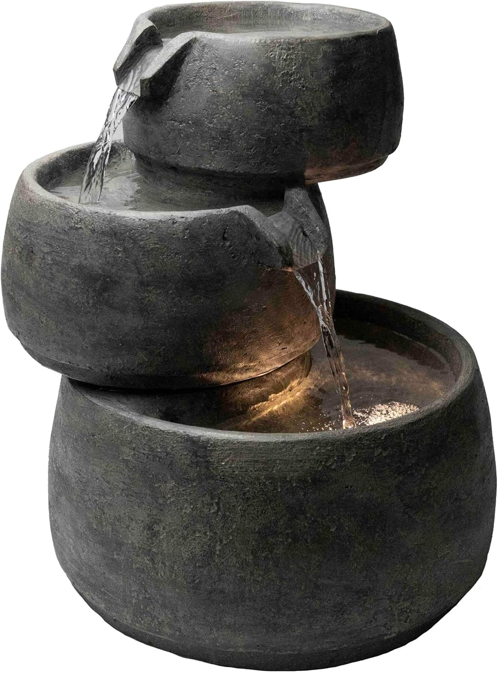 Classic Home and Garden Indoor/Outdoor Poly-Resin Tabletop Fountain, 3-Tier Cascading Water Fountain with LED Light – Weathered Stone Look, 15'' H