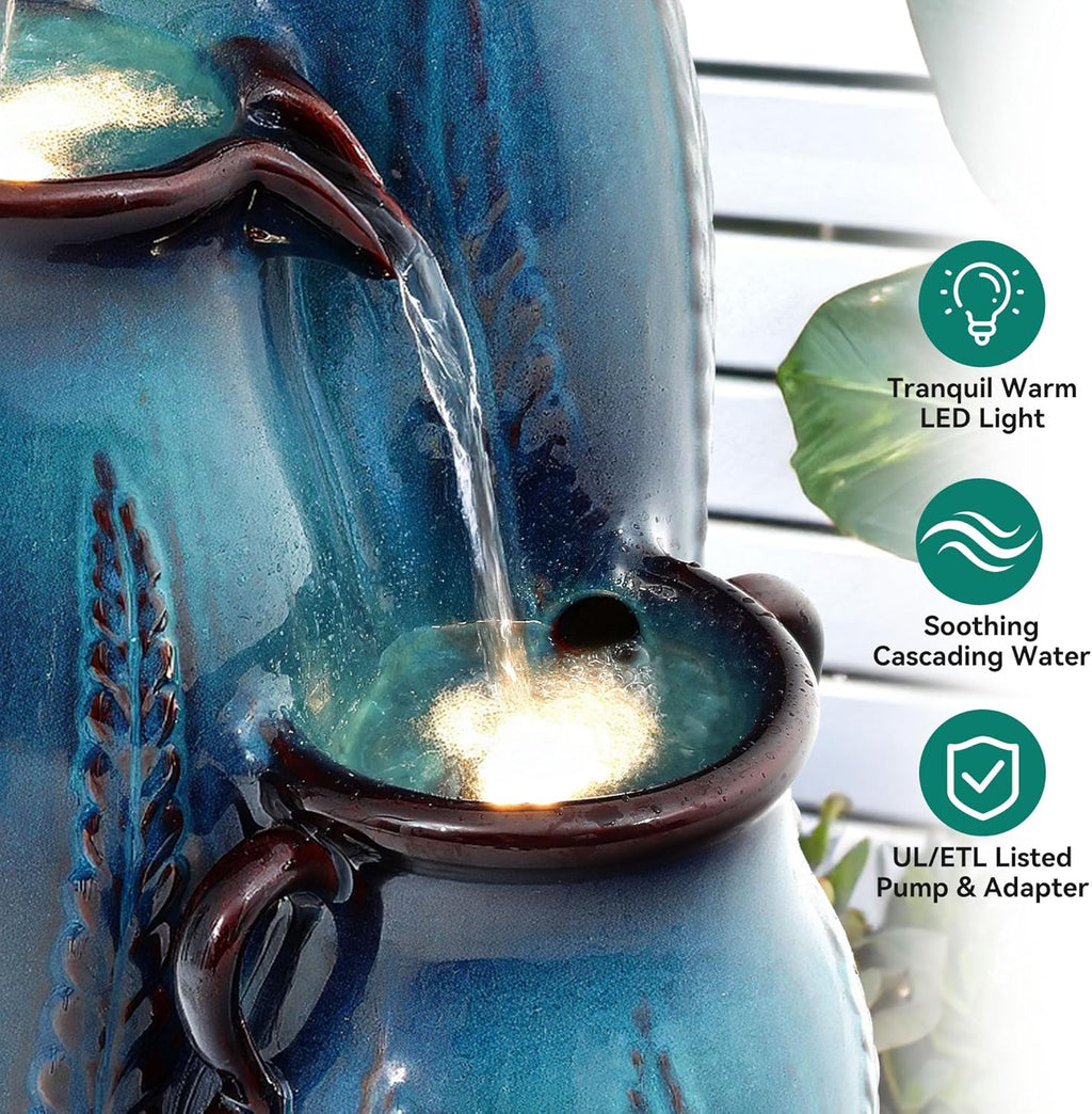 29.5' H Ceramic Outdoor Water Fountain with LED Lights, 3-Tier Vase Cascading Water Feature, Turquoise with Embossed Leaf Patterns, Tranquil Waterfall for Garden, Patio, Yard, or Porch
