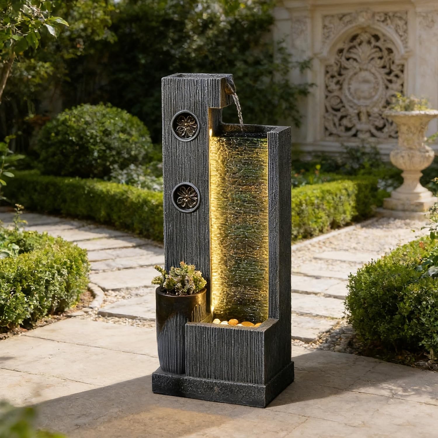 37'' Tall Waterfall Fountain Indoor Modern Outdoor Water Fountains with LED Light,Vertical Striped Texture Floor Standing Water Feature for Patio, Yard, Garden or Home Decor