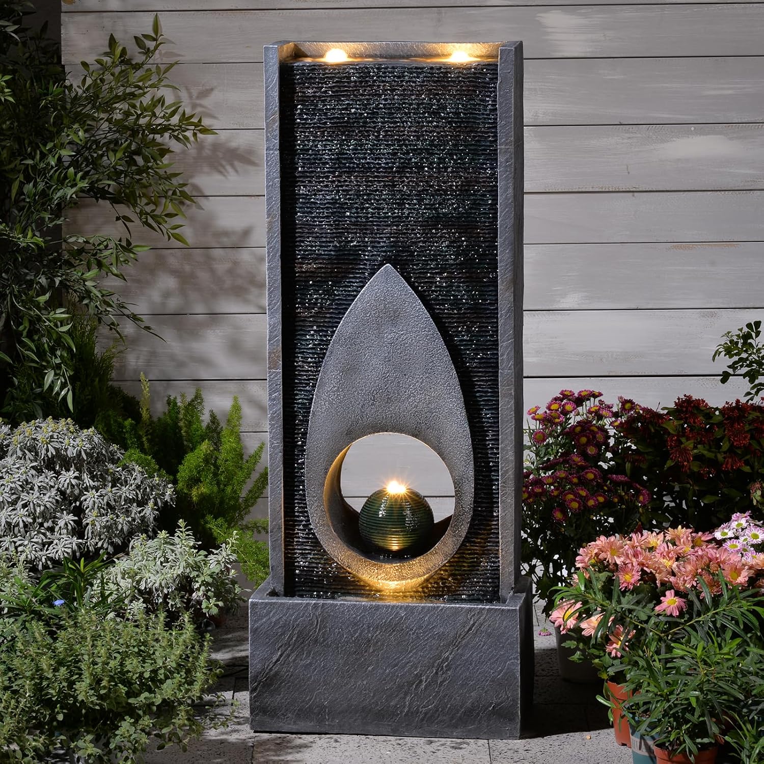 46.5''Tall Modern Water Fountain Indoor Outdoor Waterfall Feature Floor Standing with Sphere and LED Lights for Garden, Yard, Patio, Deck, Porch, Livingroom Decor