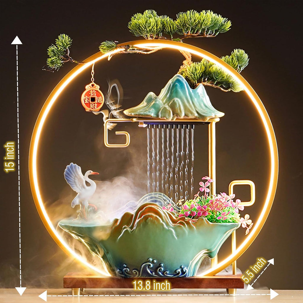 Tabletop Water Fountains Indoor Waterfall Desktop Fountain for Meditation with Mist Japanese Fountain with Fake Plants Feng Shui Office Home Decor for Good Luck Wealth (Crane)