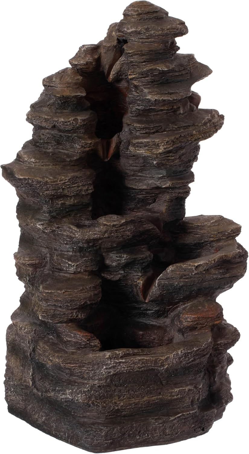 Cascading Electric Powered 4-Tier Rock Water Fountain with LED Lights 24' for Indoor and Outdoor Use