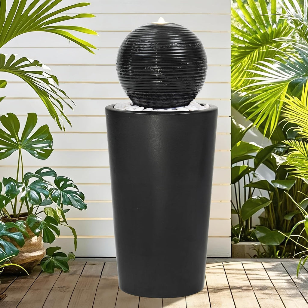 30' H Ceramic Sphere Water Fountain with LED Light, Modern Minimalist Design, Black Glaze with White Pebbles, Soothing Trickling Water Feature, Adding Artistic Charm & Tranquil Ambiance