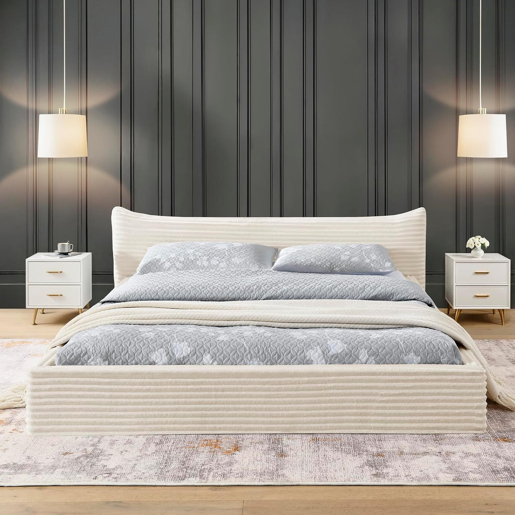 Queen Size Upholstered Bed with Decorative Curved Headboard, Solid Velvet Fabric Grounded Platform Bed Frame with Slats Support, No Box Spring Required (Beige-JU1)
