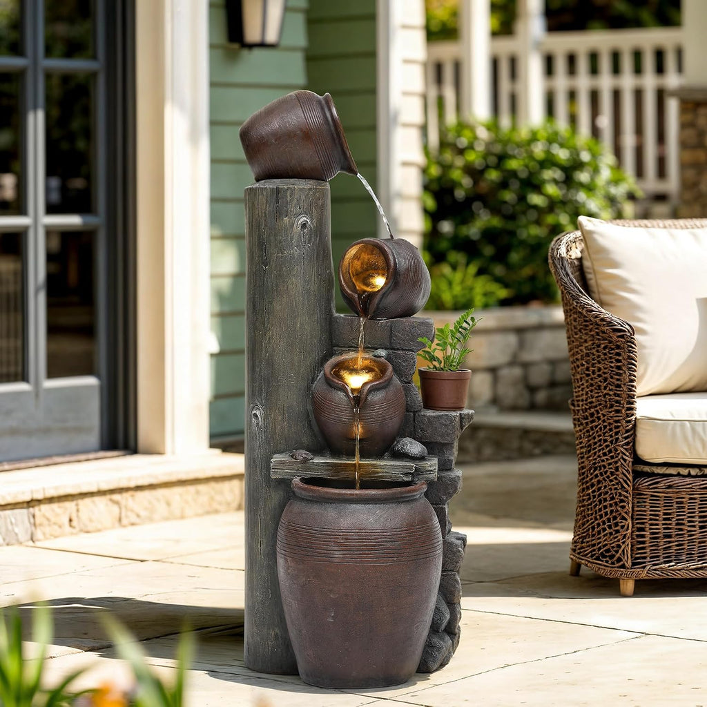40' H Oversized Outdoor/Indoor Water Fountain with LED Lights and Pump, Cascading Pitchers Farmhouse Garden Fountain Waterfall for Patio, Porch, or Yard