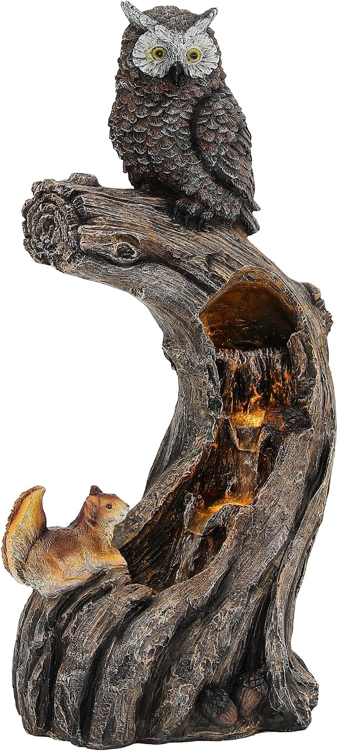 32' H Resin Owl Tree Trunk Fountain Outdoor, Forest Style 4-Tiers Water Feature Outdoor with Lights, Soothing Cascading Waterfall for Patio, Backyard, Garden or Porch