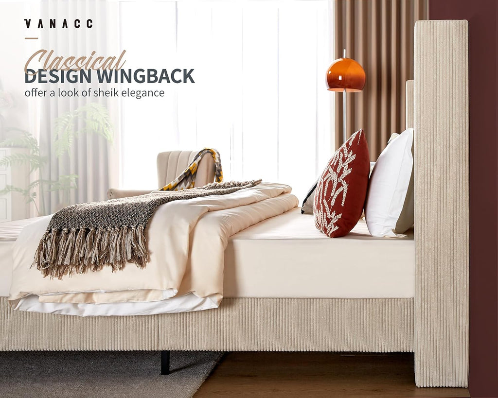 VanAcc Queen Size Platform Bed Frame, 50.8' Corduroy Upholstered Bed with Vertical Channel Tufted Headboard/Wooden Slats/Wingback/No Box Spring Required/Beige