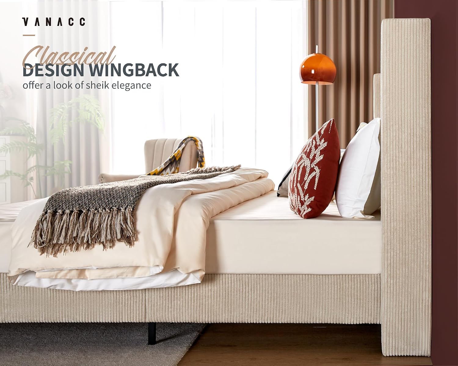 VanAcc Queen Size Platform Bed Frame, 50.8' Corduroy Upholstered Bed with Vertical Channel Tufted Headboard/Wooden Slats/Wingback/No Box Spring Required/Beige